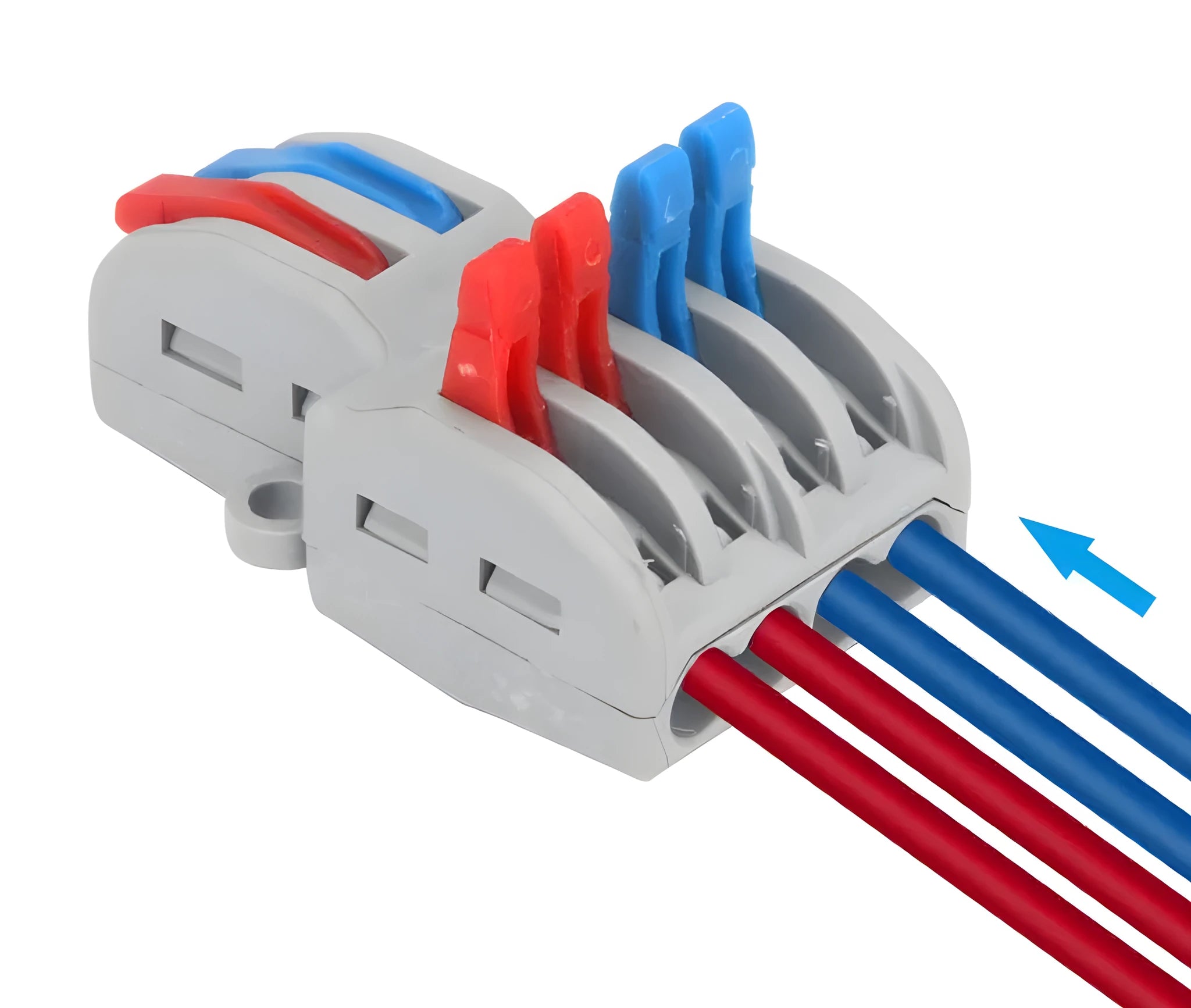 A 32A quick wire connector with a fire insulation shell, shown with wire insertion points.