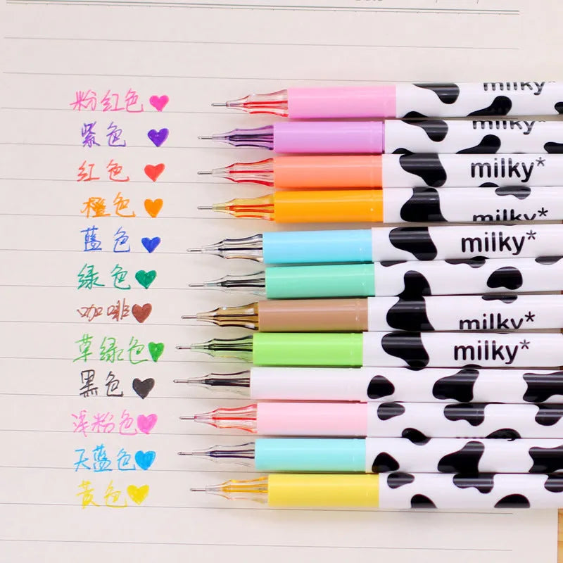 Box of 12 assorted colour gel pens with 0.38mm fine tips and plastic cow design shells