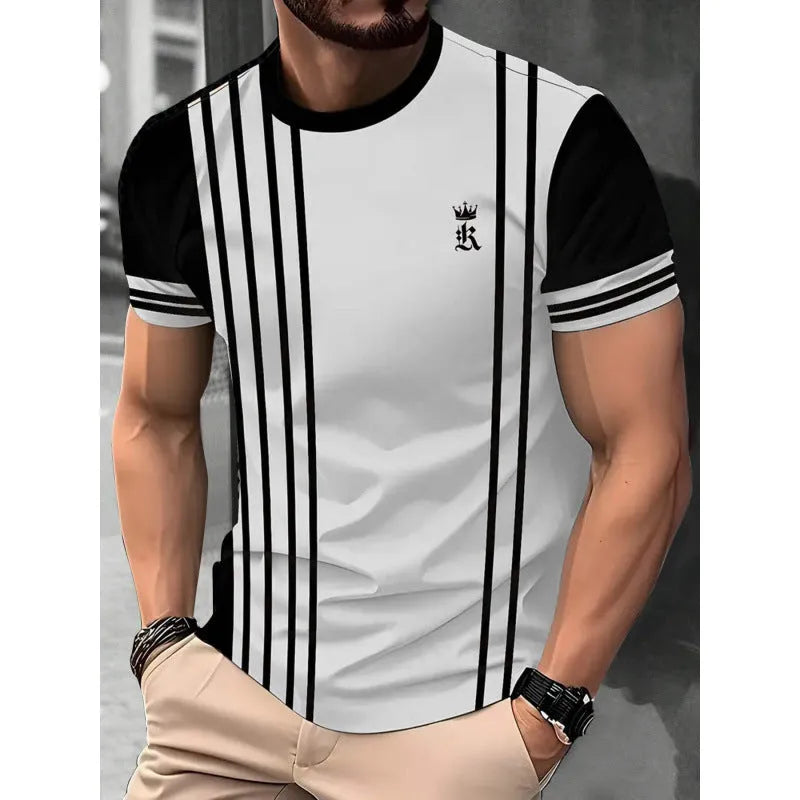 Men's loose fit short sleeve T-shirt with a striped 3D digital print design in a casual style.