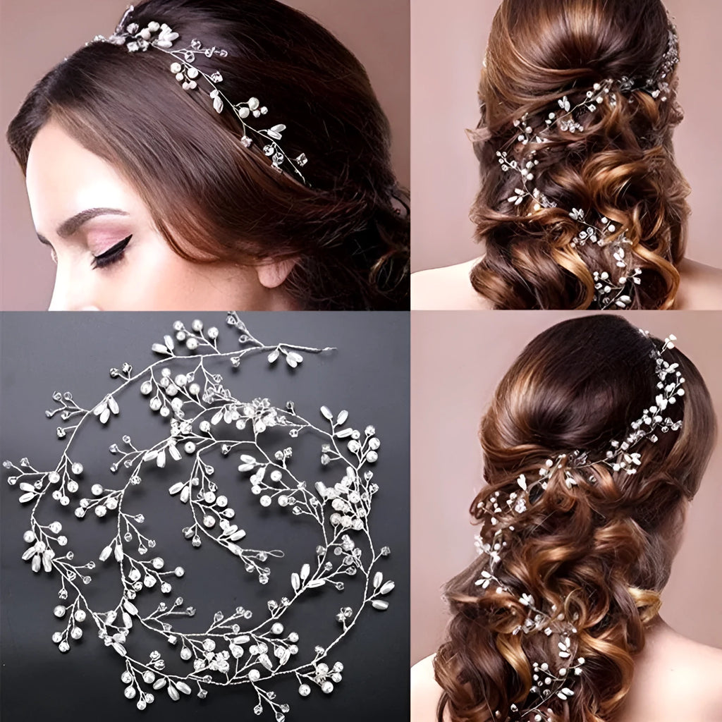 Silver wedding hair band with crystal and pearl decoration for long hair styling