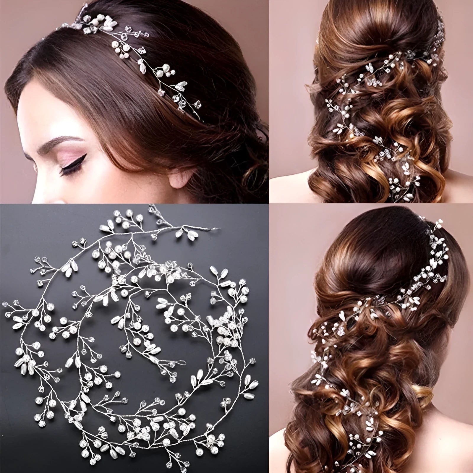 Silver wedding hair band with crystal and pearl decoration for long hair styling