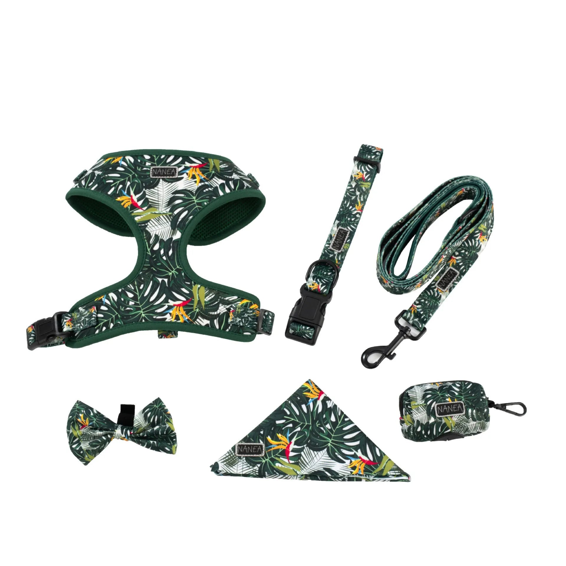 Adjustable cloth dog harness set with haulage rope, collar, waste bag, bow and triangle scarf accessories