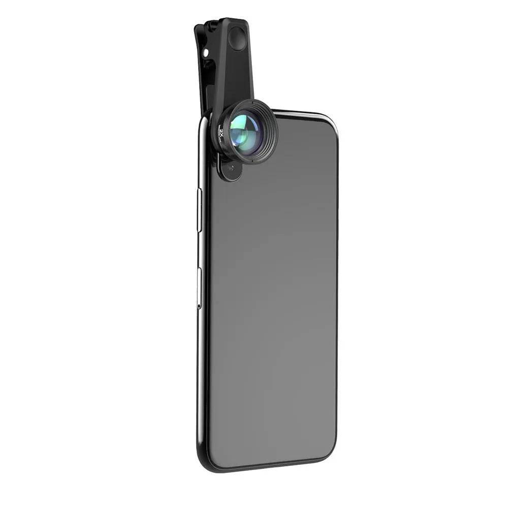 Black 6 in 1 mobile phone lens kit with fisheye, telephoto, wide-angle macro, CPL and star filters in EVA case.