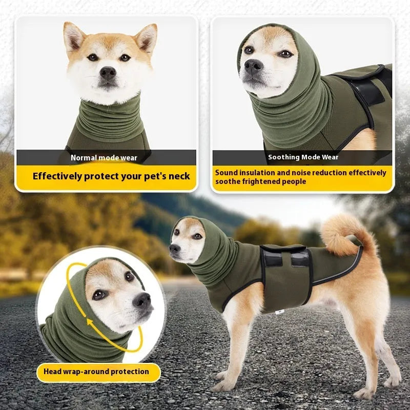 Dog wearing Army Green anti-anxiety jacket with mood-soothing design