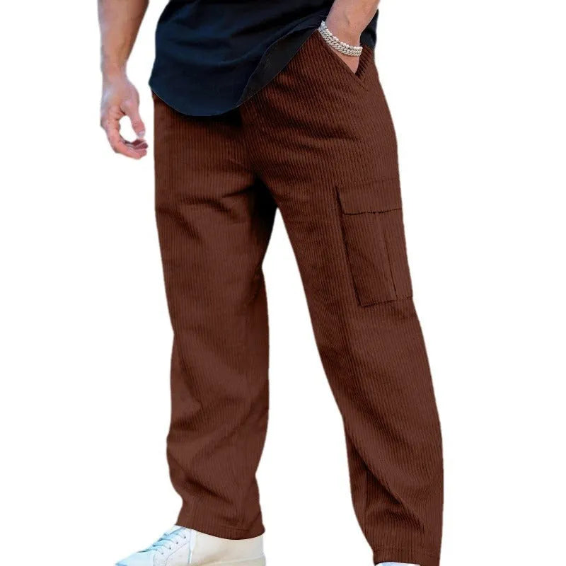 Men's straight-leg corduroy cargo trousers in navy blue with an elastic drawstring waist.