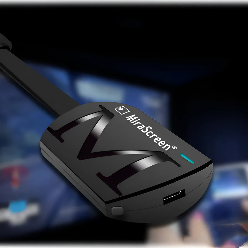 Black USB HDMI dongle for smartphone screen mirroring to television.