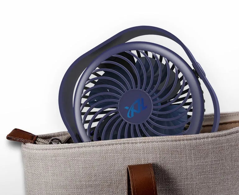 USB charging fan with alarm clock design showing 360-degree rotation feature in blue colour