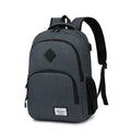 Grey lightweight backpack with USB charging port showing dimensions and trolley case slot