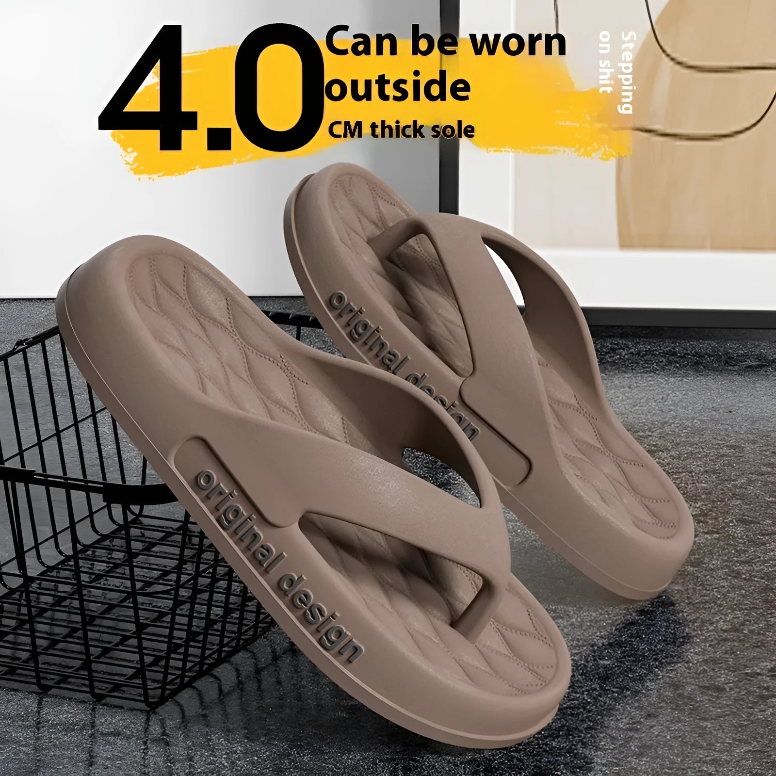 Men's EVA flip flops in various colours on a beach background, showing open-toe design and injection moulded sole.