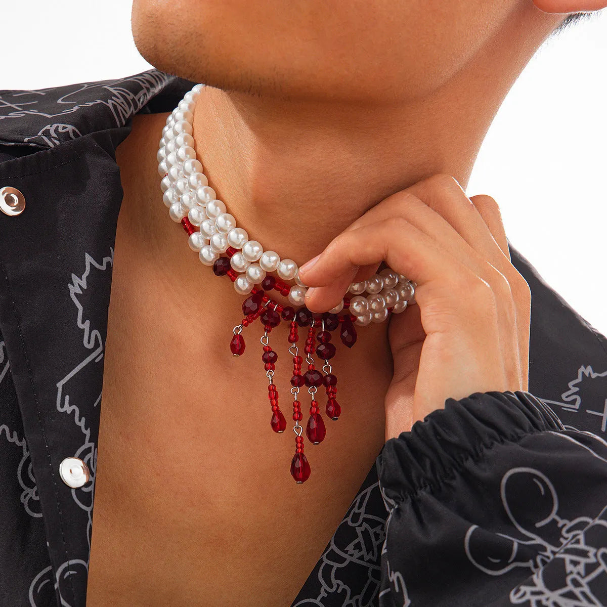 Halloween blood drop tassel pearl crystal men's necklace with geometric pendant in red and black