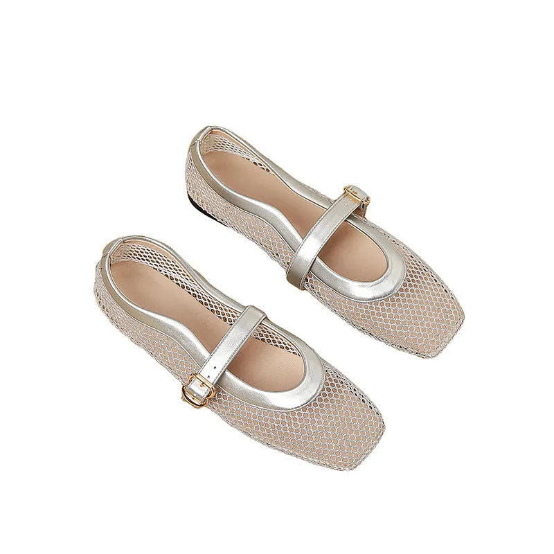 Women's breathable mesh pumps with buckle, flat heel, and square toe in beige colour.