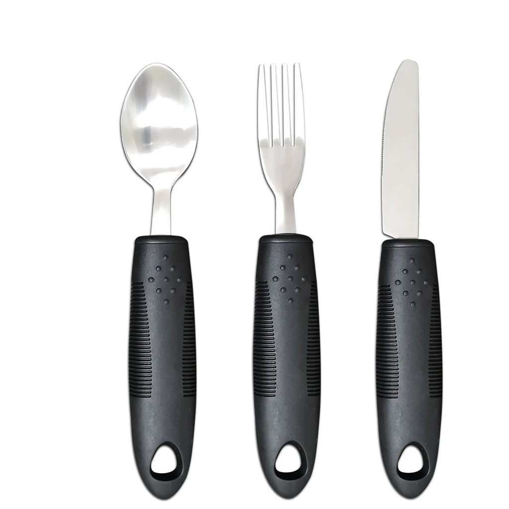 Adaptive stainless steel tableware set with rubber handle grips shown in black and grey colour options
