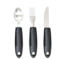 Adaptive stainless steel tableware set with rubber handle grips shown in black and grey colour options