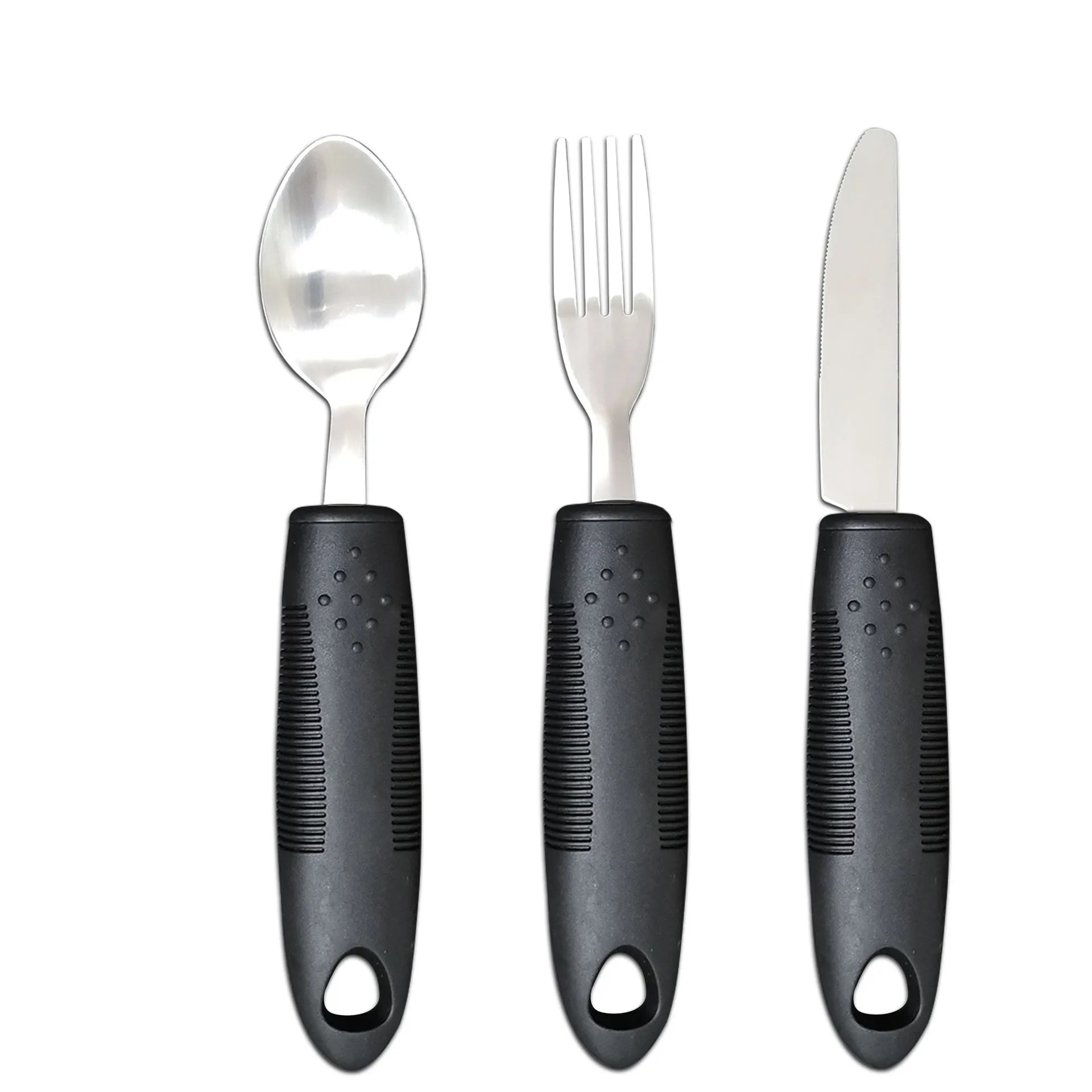 Adaptive stainless steel tableware set with rubber handle grips shown in black and grey colour options