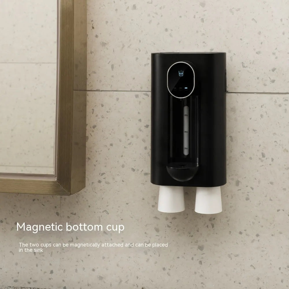 Automatic mouthwash dispenser in milky white with two magnetic cups, wall mounted in bathroom, 540ml visible tank