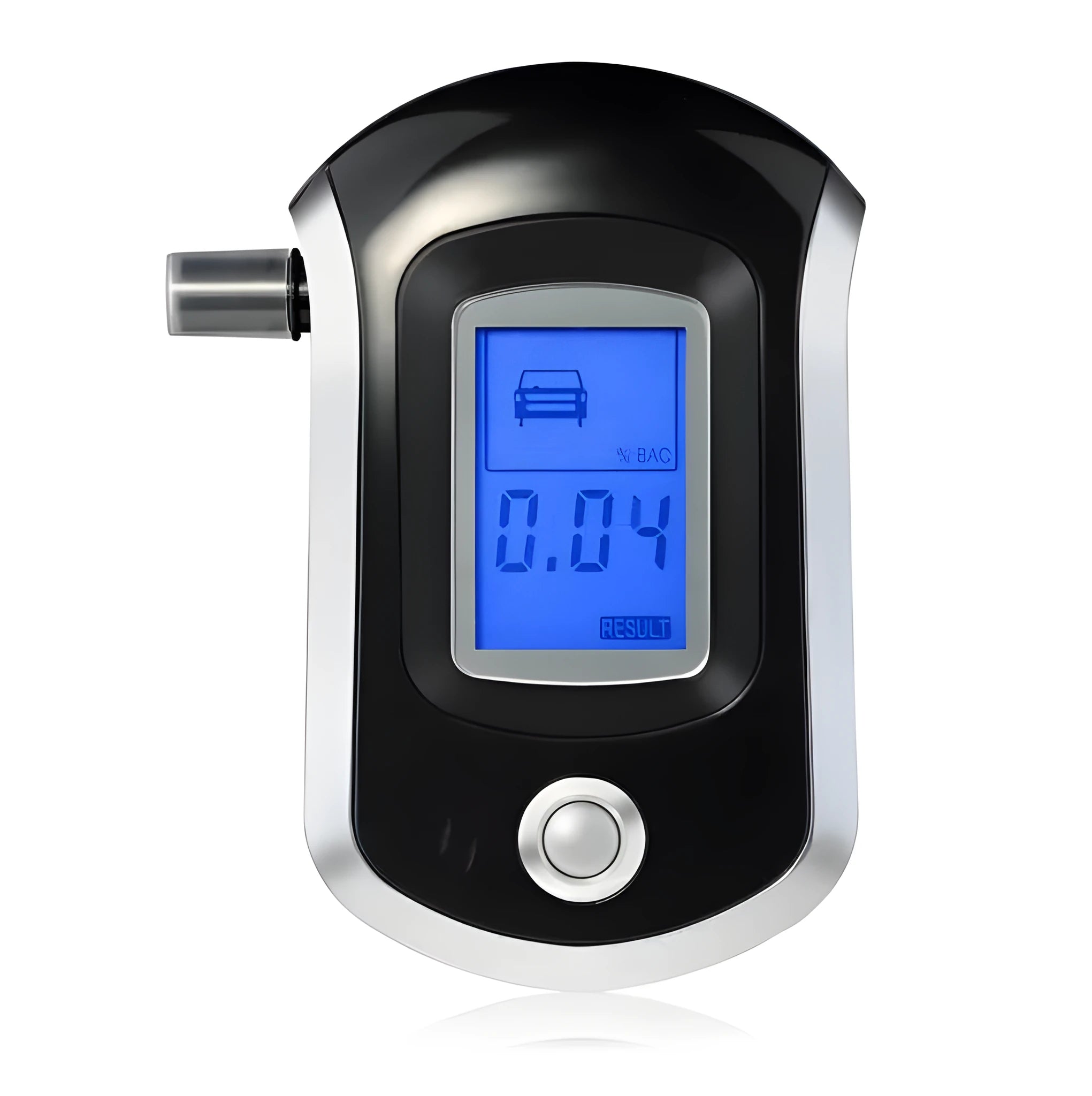 Black pen-type portable alcohol tester breathalyser with digital screen and mouthpiece.