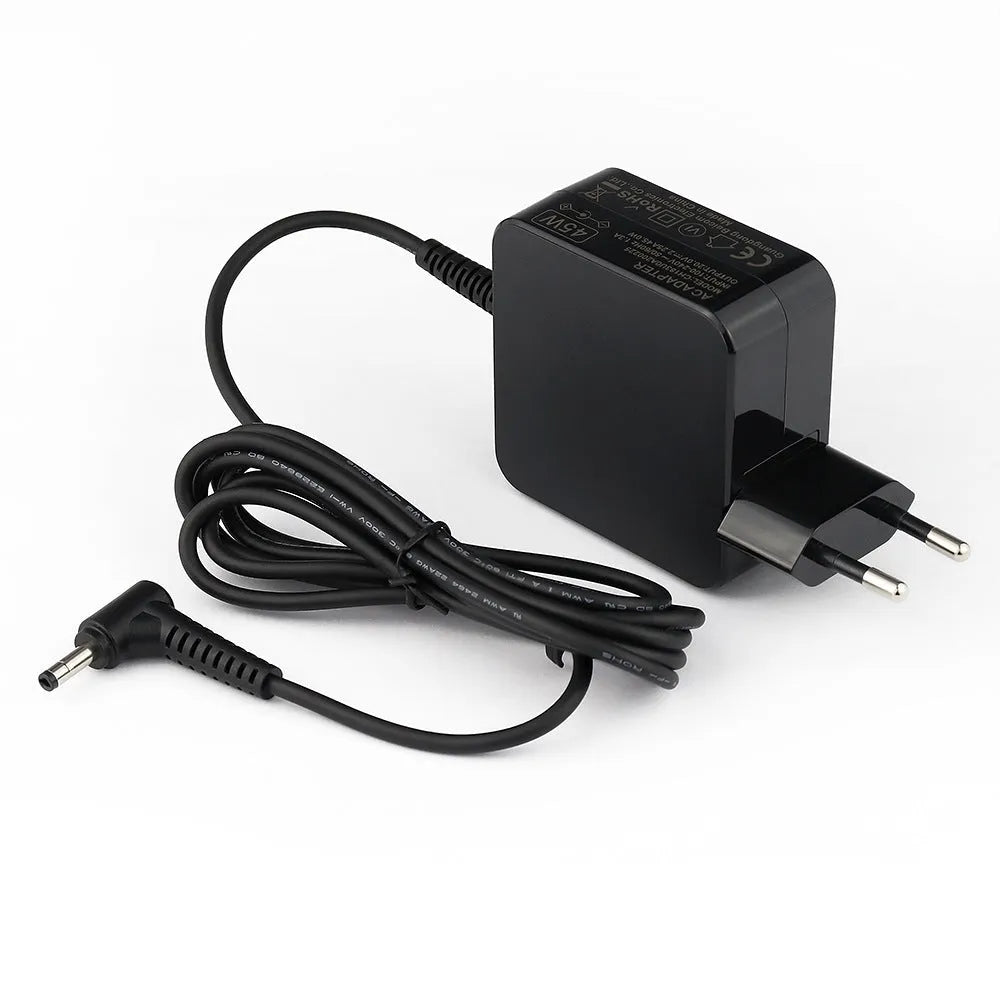 Black Hua 45W laptop adapter with DC power connector showing compact dimensions
