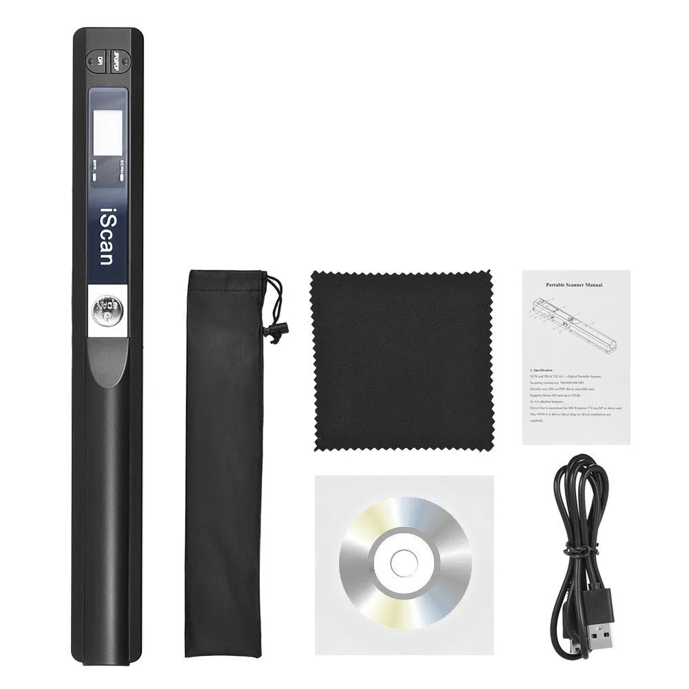 A handheld USB scanner with a plastic body shown in multiple colour options: black, blue, green, red, and silver.