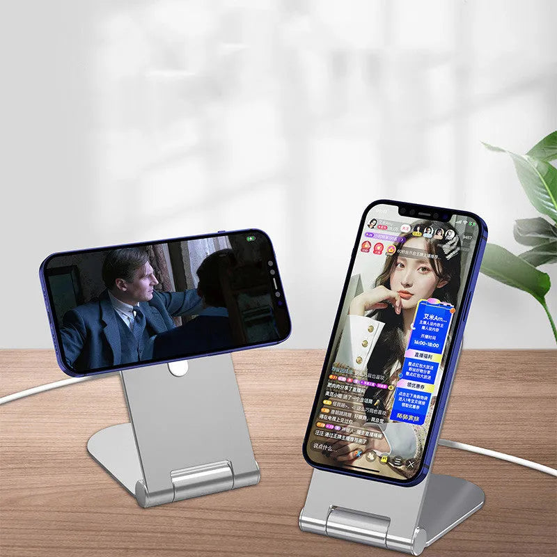 Silver vertical adjustable magnetic phone bracket for iPhone 12 models on a flat surface.