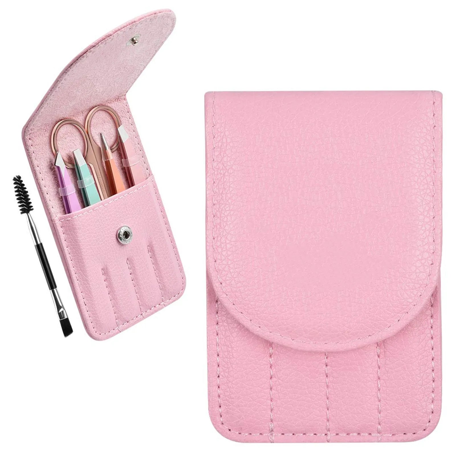Professional six-piece eyebrow tweezer set with stainless steel tools and leather travel case
