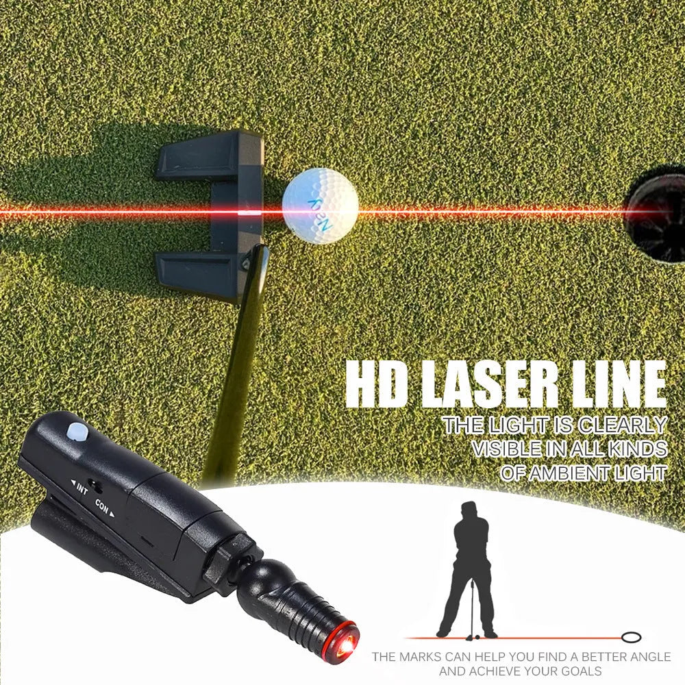 Black golf laser aiming instrument attached to a putter on a practice green