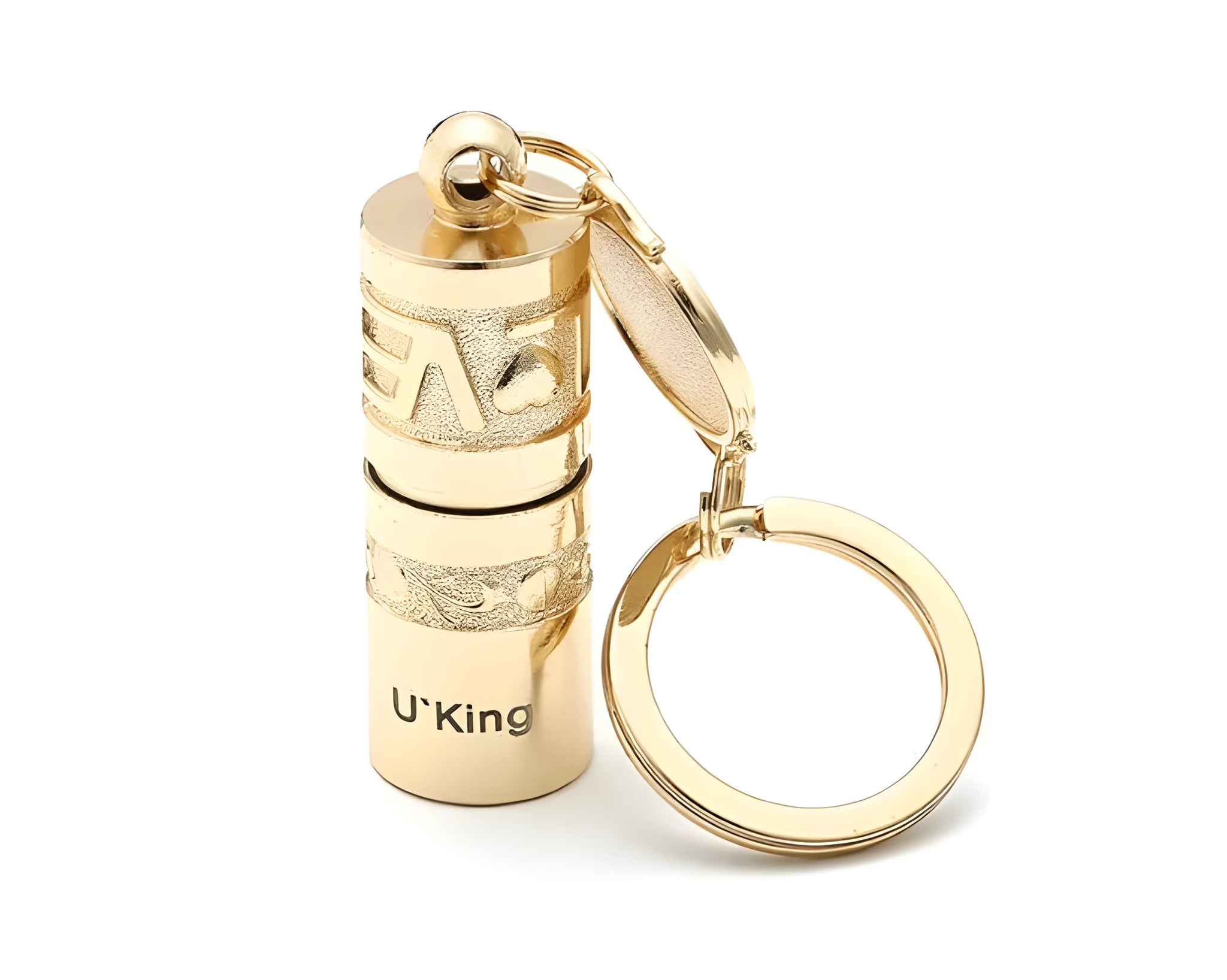 Gold-coloured waterproof mini LED flashlight on a keychain ring.
