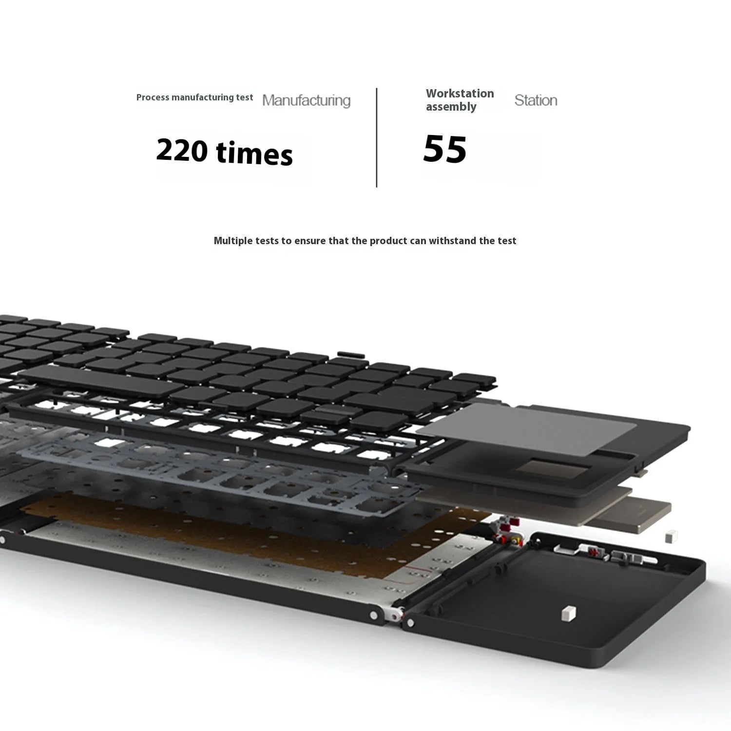 Black tri-fold Bluetooth keyboard shown open next to a tablet and folded in hand.