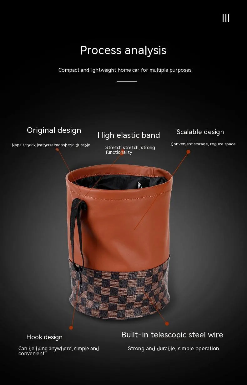 Brown leather retractable car rubbish bin with handle in expanded position