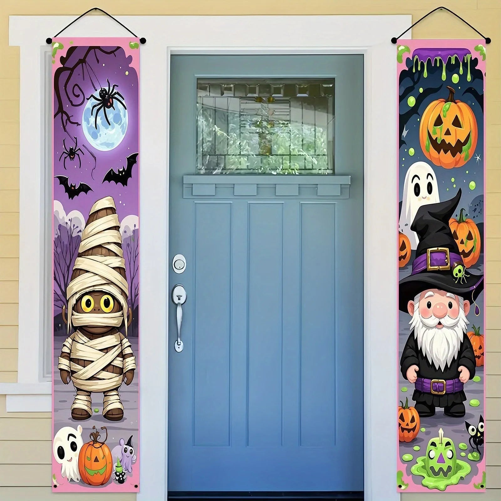 Pair of tall polyester Halloween couplet hanging flags 30x180cm for party decoration