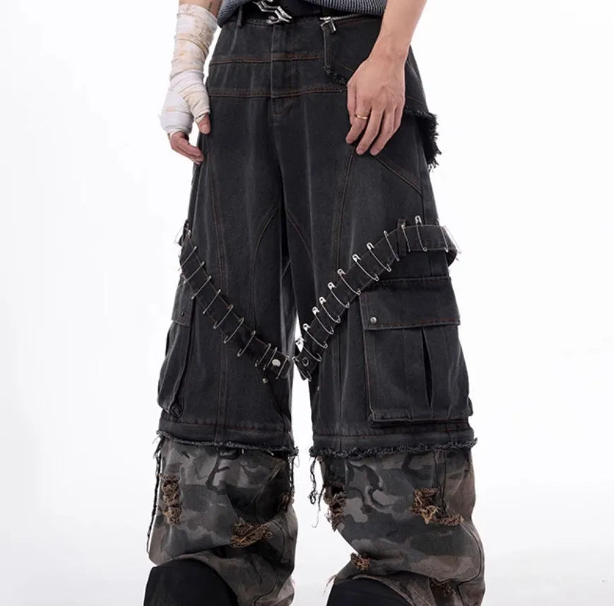 Men's grey jeans with camouflage pattern and ribbed fabric panelling detail, long leg