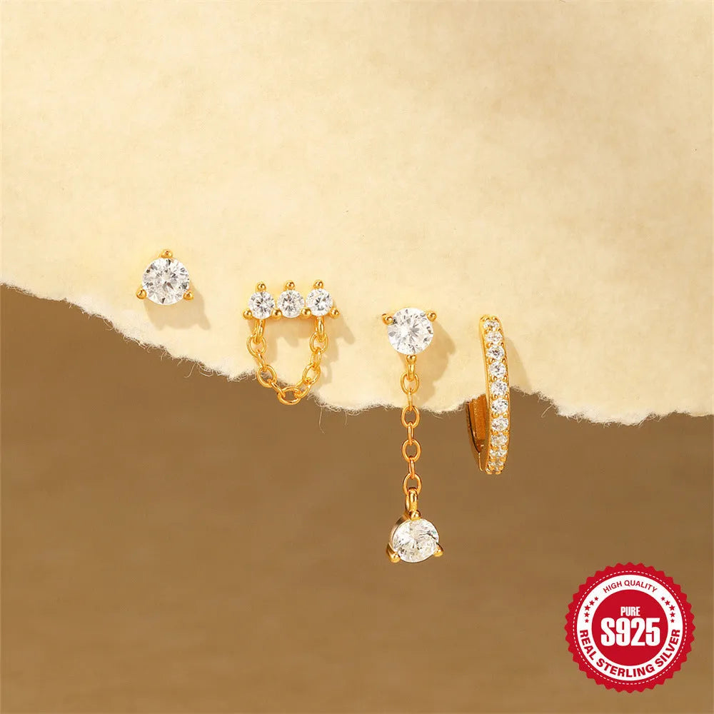 S925 sterling silver geometric clover petal earrings for women with electroplated gold finish, cold style design.