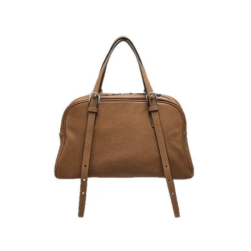 Women's genuine leather retro shoulder bag in black with sandwich pockets and double straps