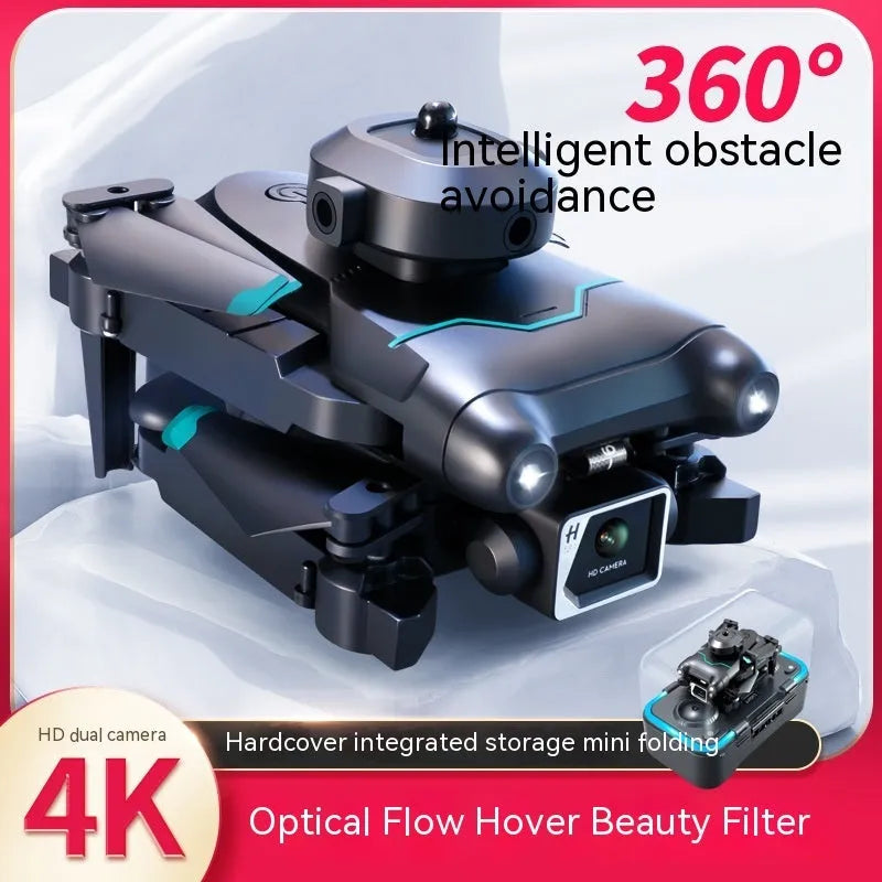 S96-black mini drone with 4K single camera on a table showing plastic four-axis design and compact size