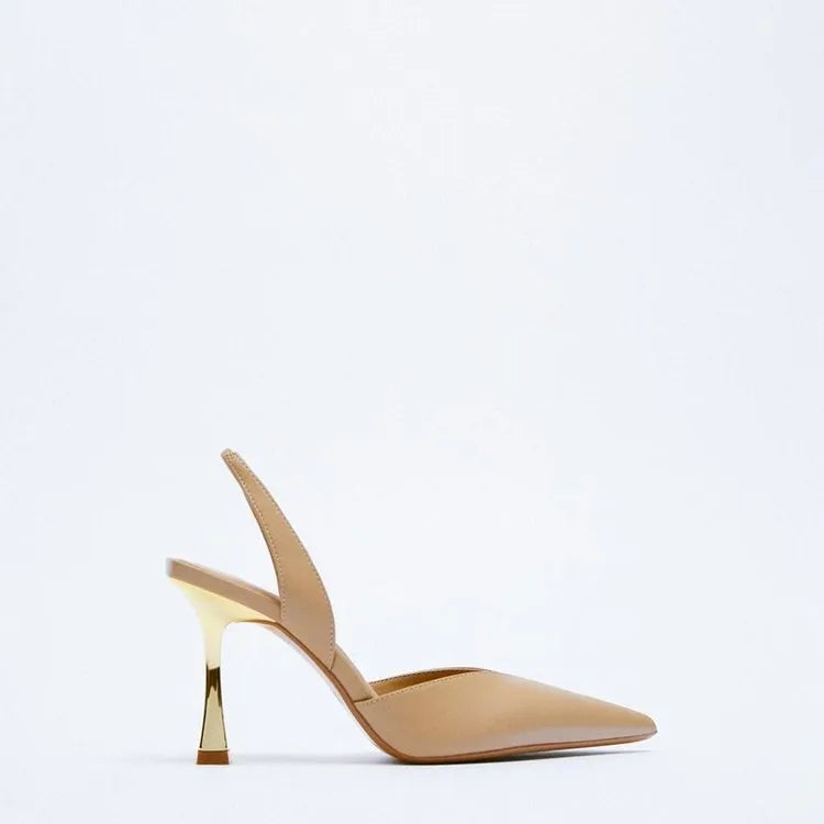 Korean style nude pointed high heels for women in patent leather, shown in black and apricot colours.
