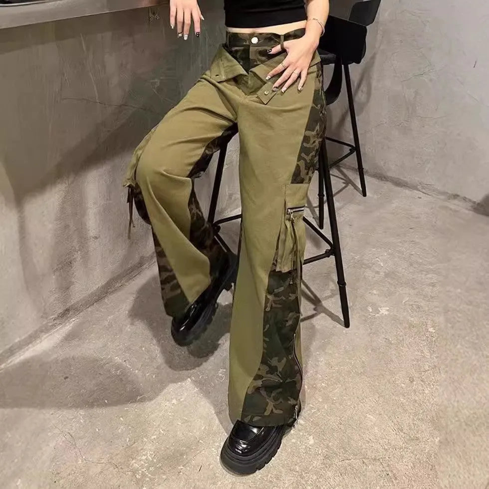 Dark khaki leopard print high-waist women's jeans with straight leg and retro tooling style details.