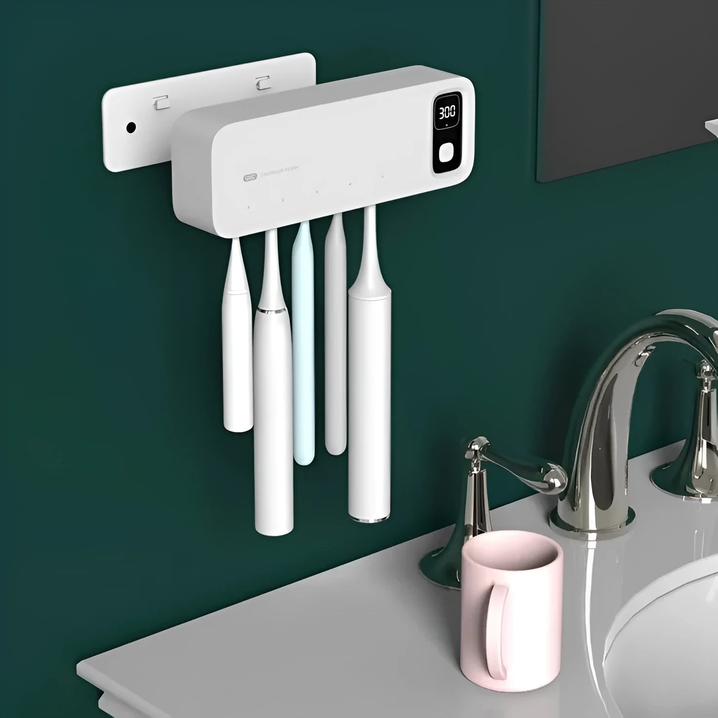 UV toothbrush holder sterilizer with LED display, black, wall-mounted with toothbrush inside
