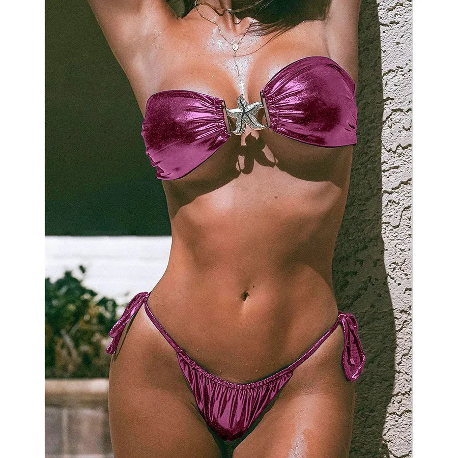 Women's glossy tube top bikini with gold starfish detail in sapphire blue colour