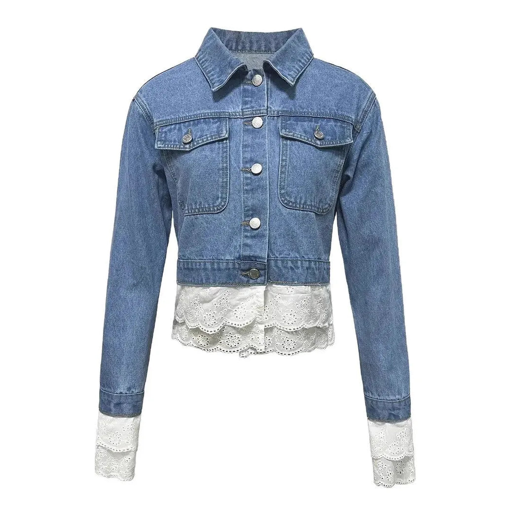 Blue lace stitching fashion denim jacket for women long sleeve cotton coat