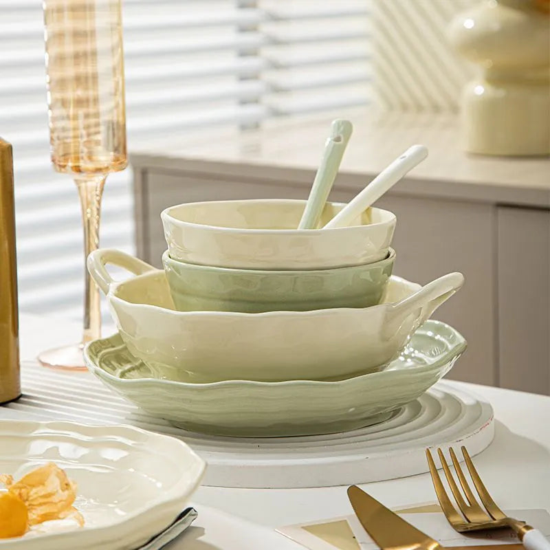 Seven-piece ceramic tableware set with solid colour design and modern Japanese style