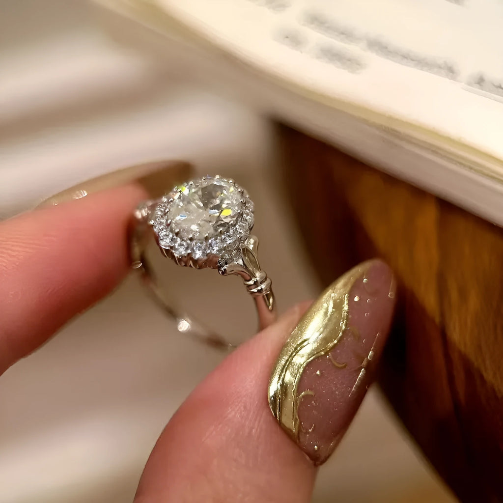 Silver adjustable geometric ring with diamond treatment and bridal bouquet design elements