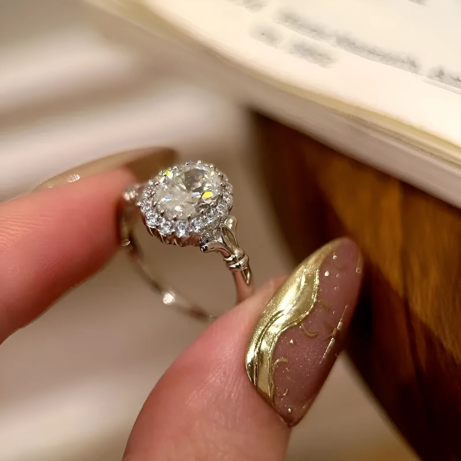 Silver adjustable geometric ring with diamond treatment and bridal bouquet design elements