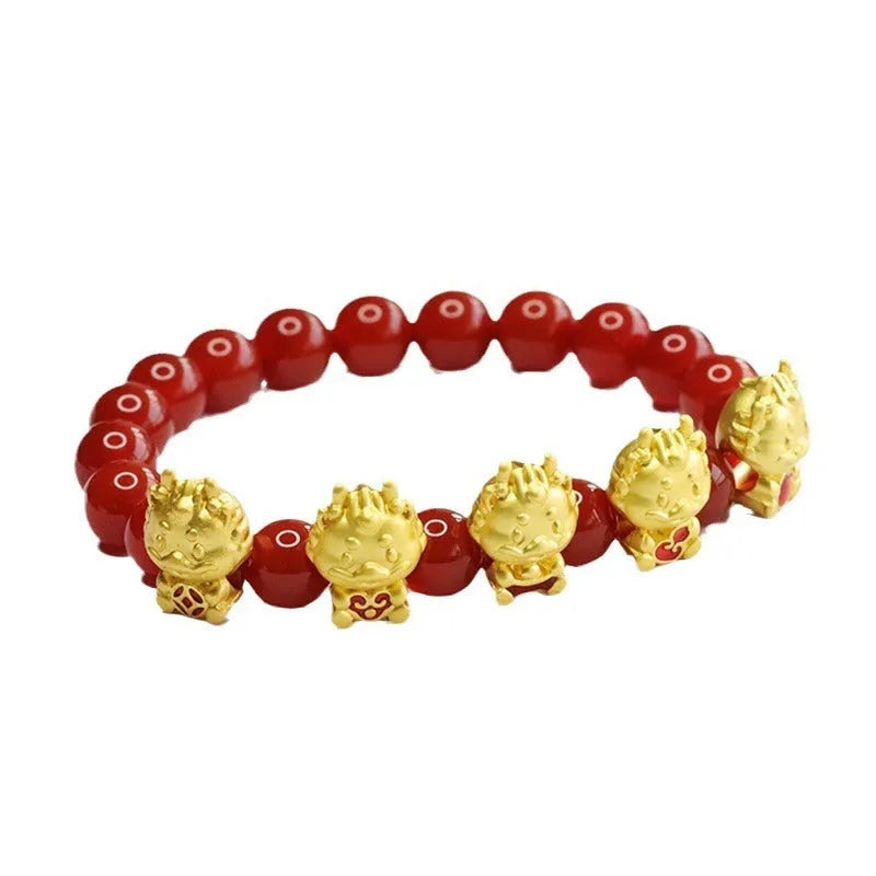 Natural red agate five blessing dragon bracelet 8mm Chinese style beaded wrist jewellery