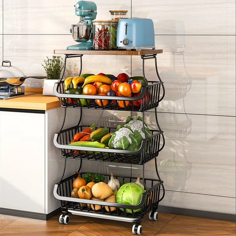 Black six-layer freestanding kitchen storage rack with foldable carbon steel frame