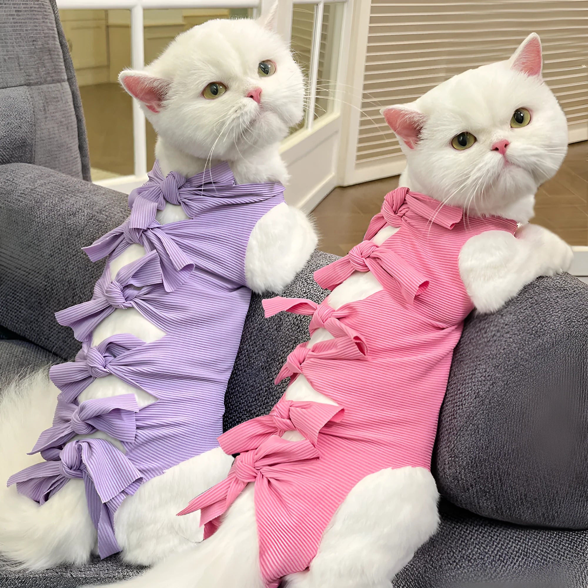 Lace-up cat sterilisation clothing in pink, purple, blue, brown or green pineapple colours with adjustable closure