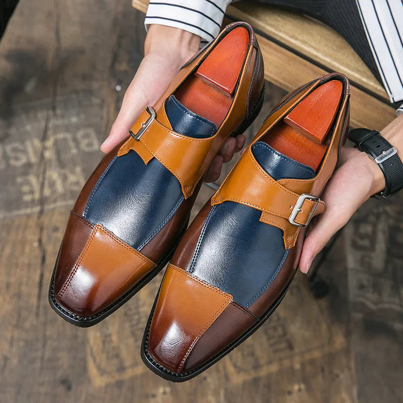 Men's brown blue and black British retro buckle casual leather shoes with tall crown design