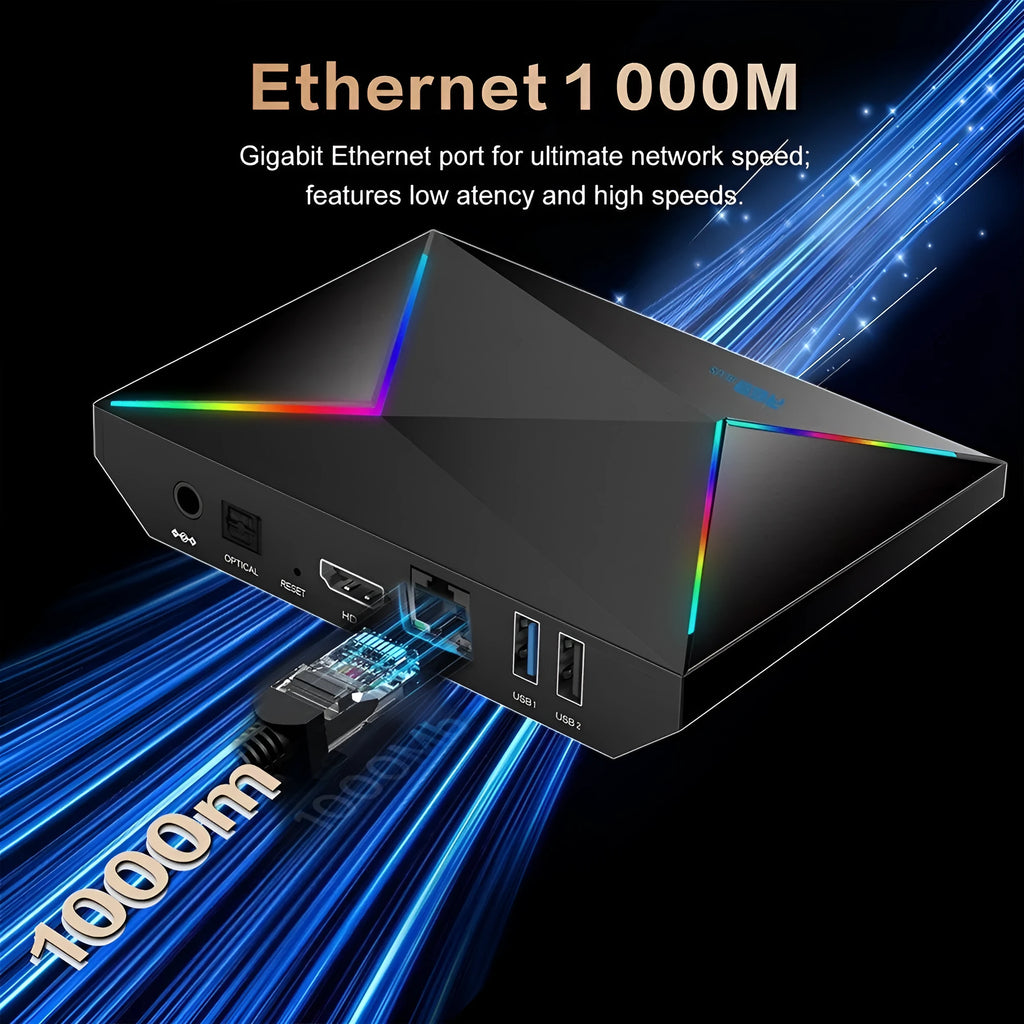 Android network set-top box with USB, HDMI, and Ethernet ports in black plastic casing