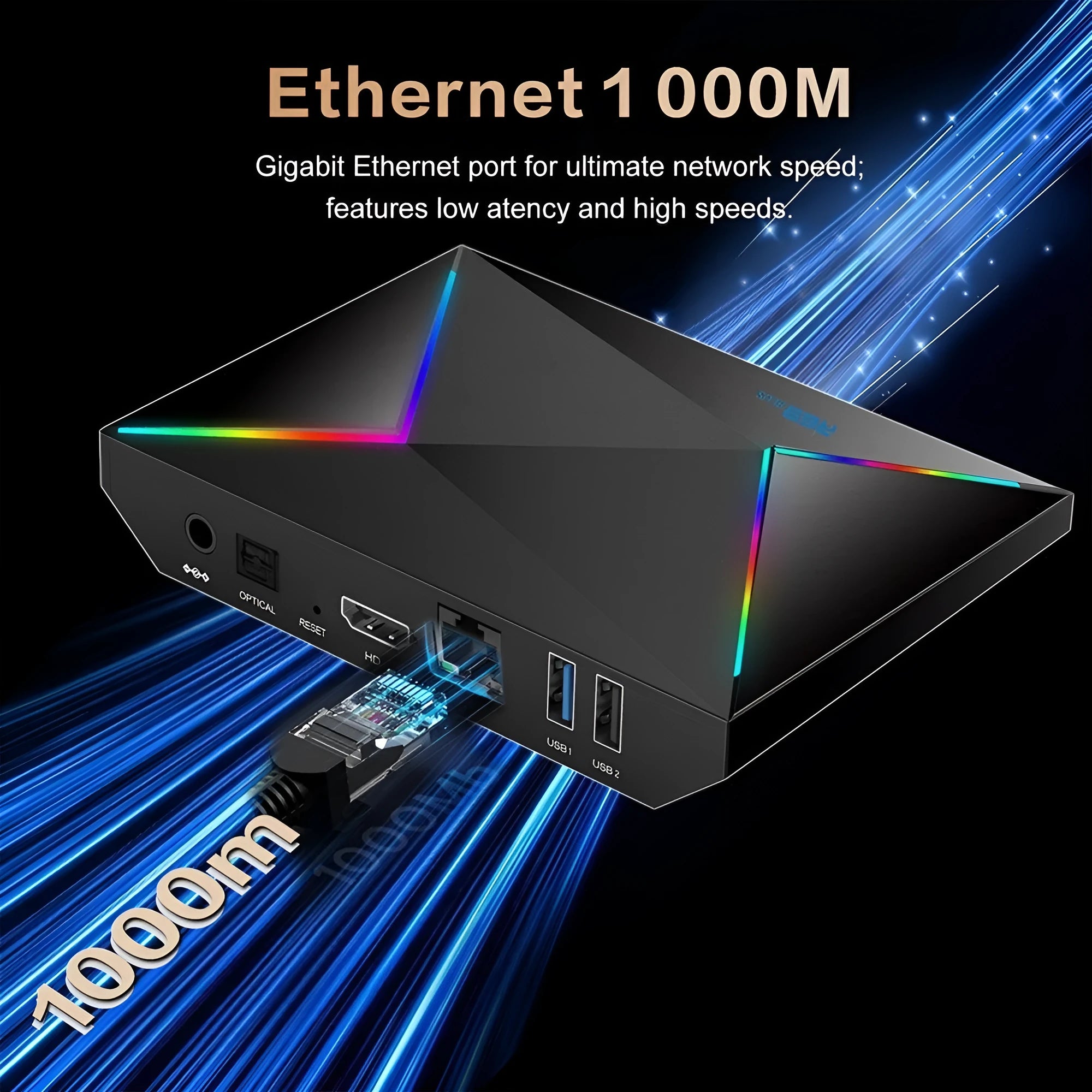Android network set-top box with USB, HDMI, and Ethernet ports in black plastic casing