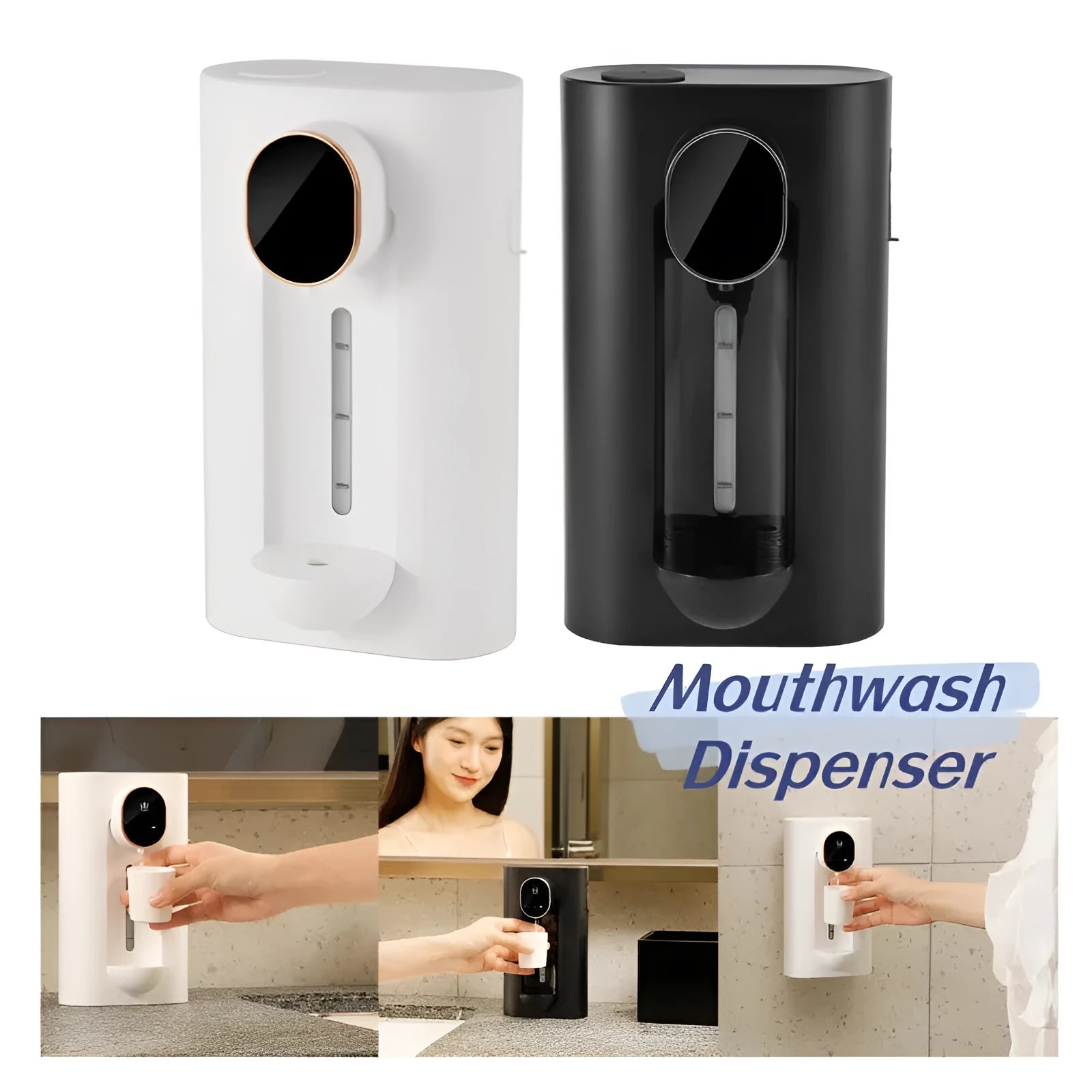 Automatic mouthwash dispenser in milky white with two magnetic cups, wall mounted in bathroom, 540ml visible tank