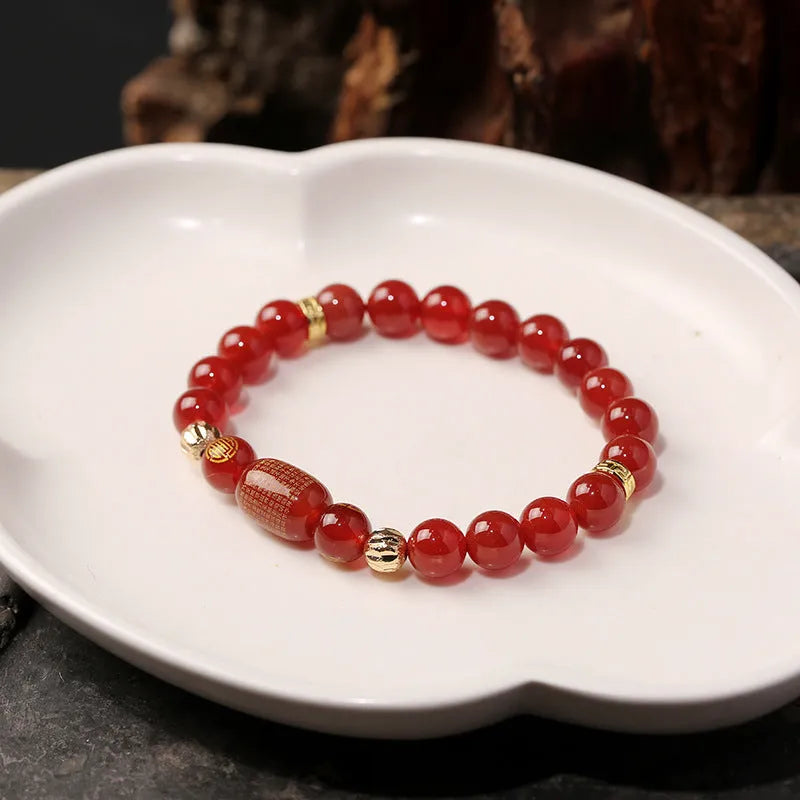 Red agate Guanyin bracelet edge rosary unisex style with auspicious patterns on wrist