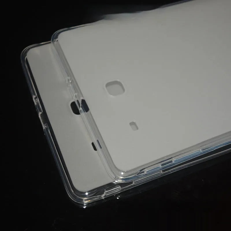 Clear ultra-thin silicone and TPU protective case for a tablet on a white background.